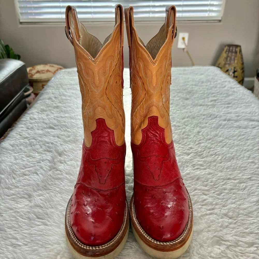Rudy Lara Genuine Ostrich skin 2Tone Red/Cognac Leather Women’s Western Boots 7